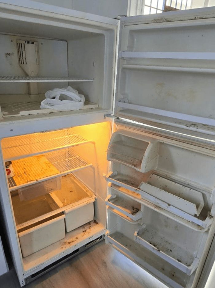 Refrigerator interior before deep cleaning, with spills and grime